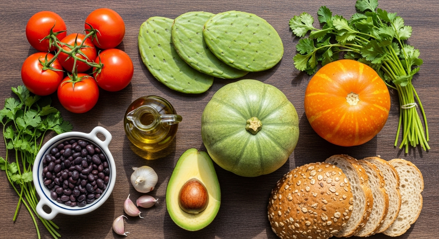 Vista aérea (flat lay) de mesa vibrante con jitomates rojos, nopales frescos, calabaza criolla, aguacate, frijoles cocidos y ramas de cilantro, acompañados de botellita de aceite de oliva y pan integral. Fondo de madera rústica mexicana, luz intensa, colores vivos. Fotografía realista estilo mercado local, transmitiendo vitalidad y frescura.