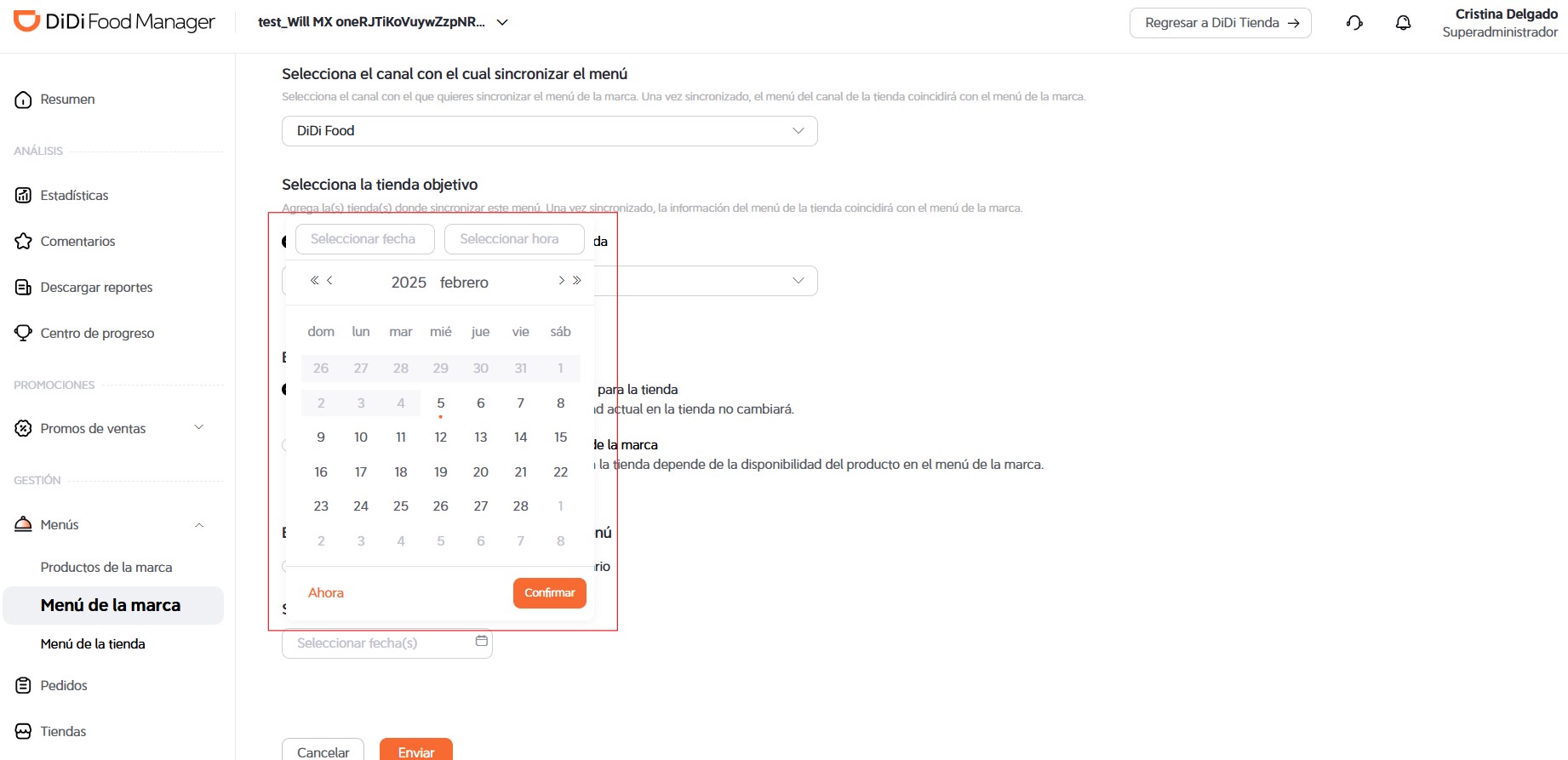 Elegir fecha y hora DiDi Food Manager