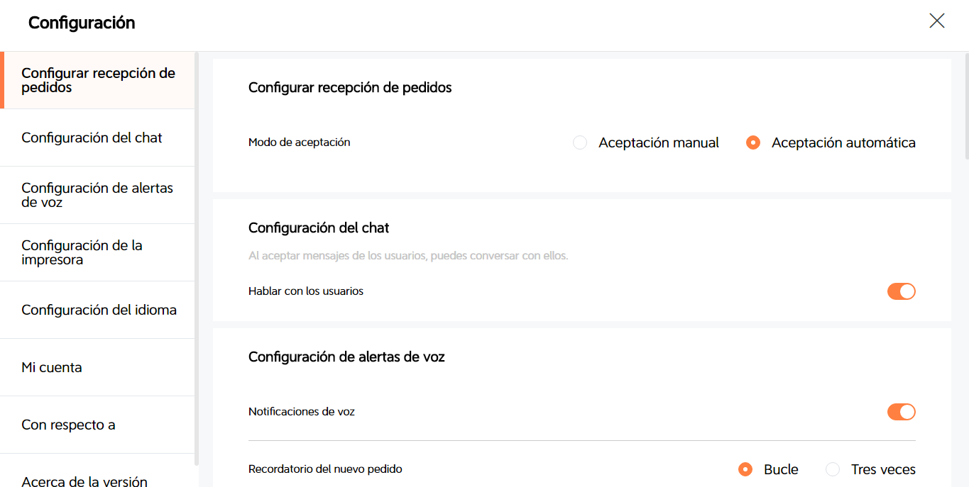 DiDi Tienda menú de configuración