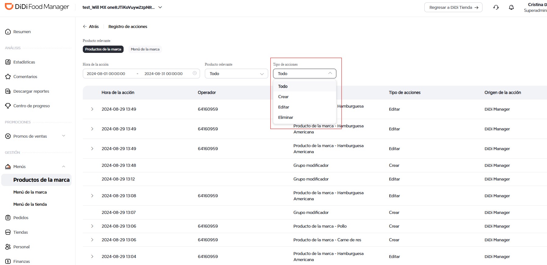 Filtrar por tipo de acciones DiDi Food Manager