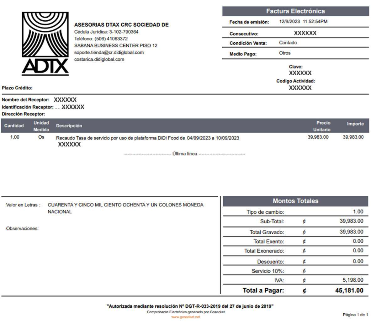Factura servicios de plataforma cr