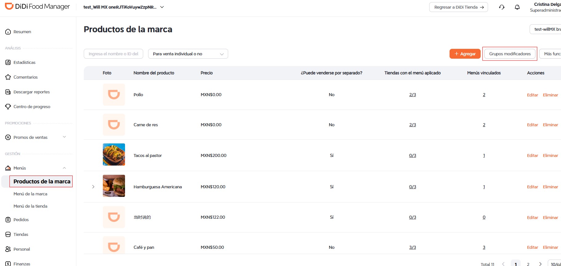 Grupos modificadores DiDi Food Manager
