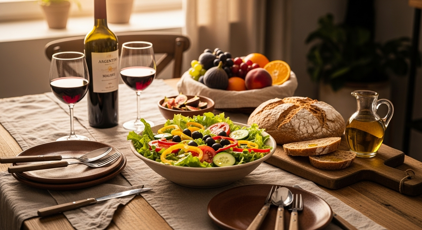 Mesa argentina con platos inspirados en la dieta mediterránea: ensalada de vegetales frescos, pan integral, aceite de oliva mendocino, vino tinto y frutas de estación. Fondo luminoso con mantel de lino natural y utensilios rústicos. Fotografía realista horizontal (1920×800), tonos cálidos y luz suave de atardecer, transmitiendo equilibrio, bienestar y orgullo local.
