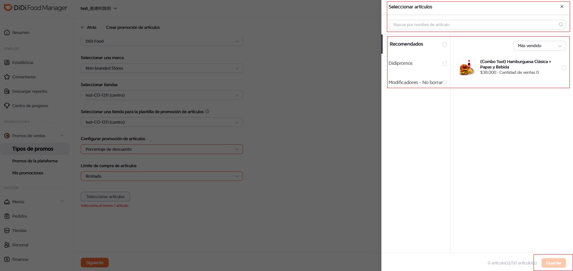Seleccionar productos DiDi Food Manager