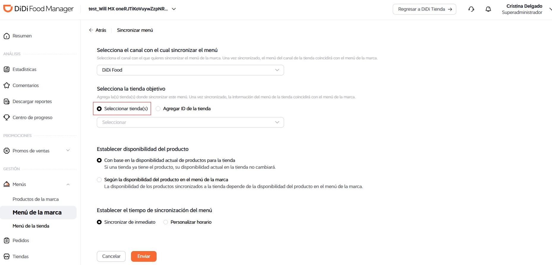 Seleccionar tiendas DiDi Food Manager