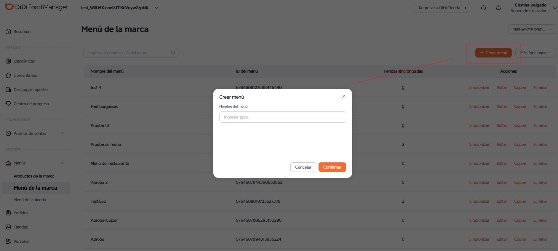 Crear menú DiDi Food Manager