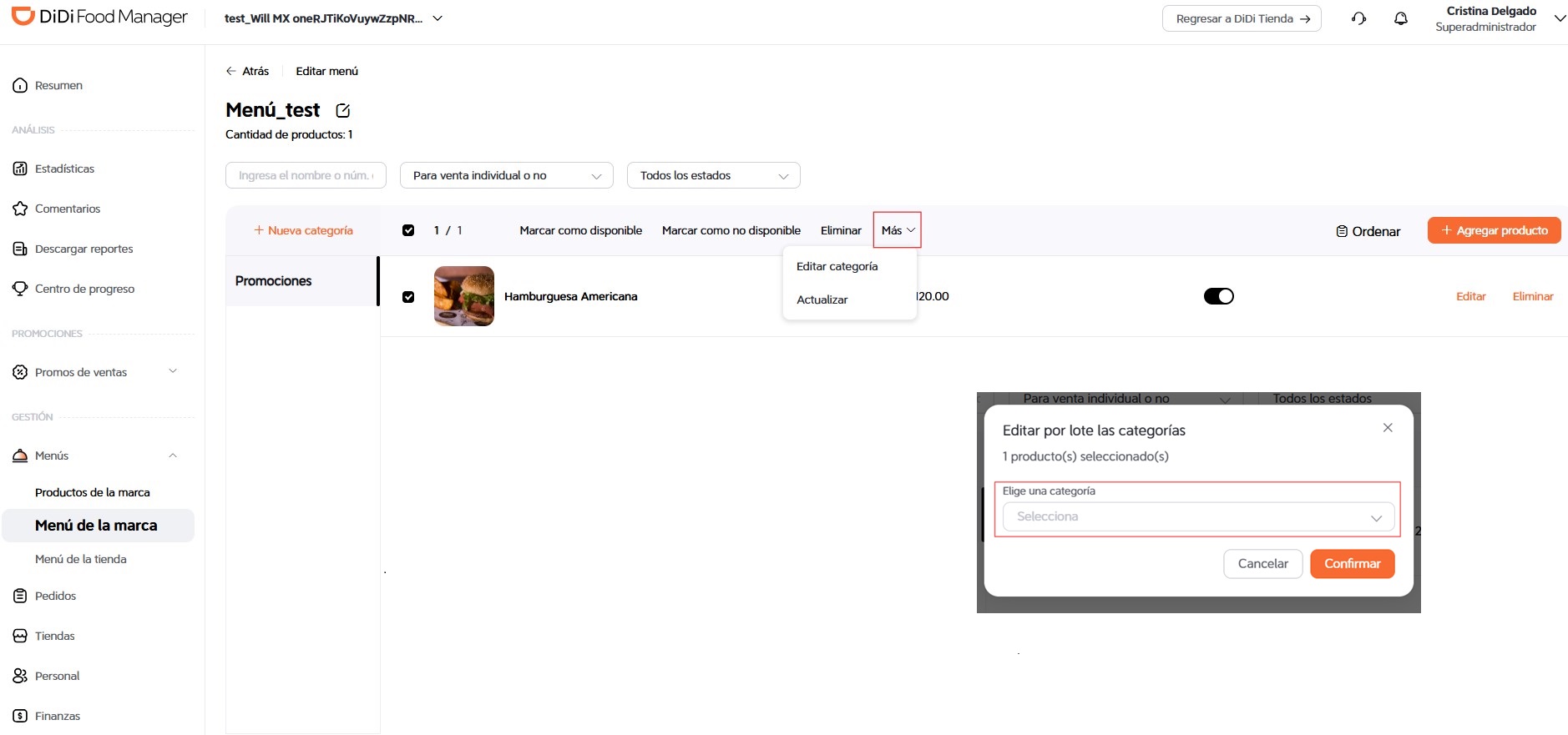 Modificar categoría del platillo DiDi Food Manager