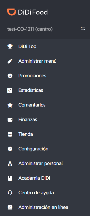 DiDi Tienda menú administrador/gerente
