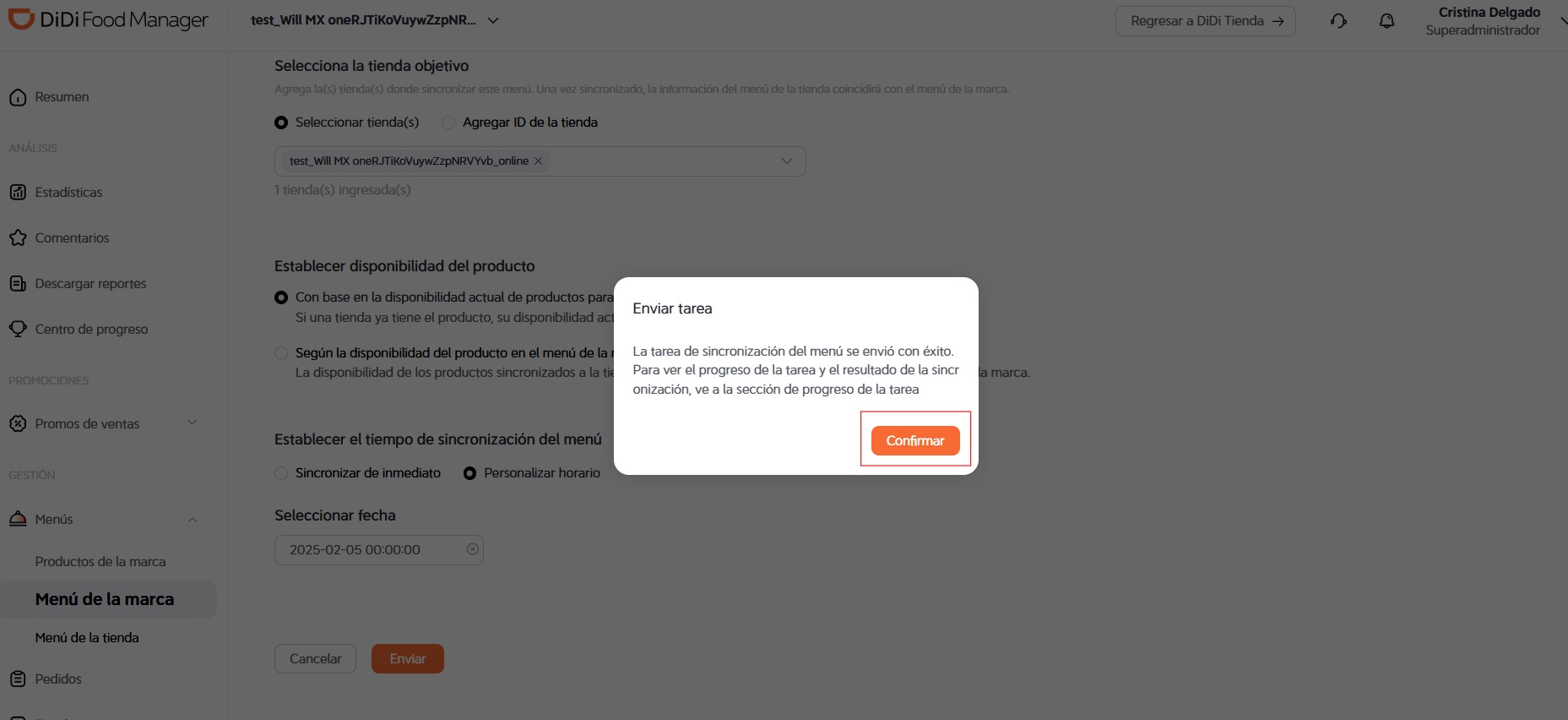 Confirmar enviar tarea DiDi Food Manager