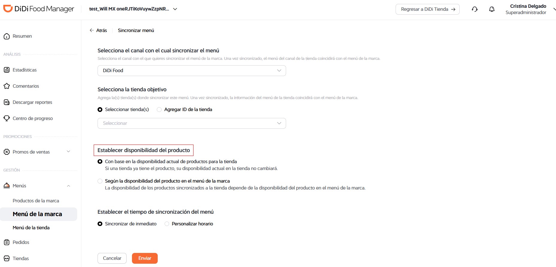 Establecer disponibilidad del producto DiDi Food Manager