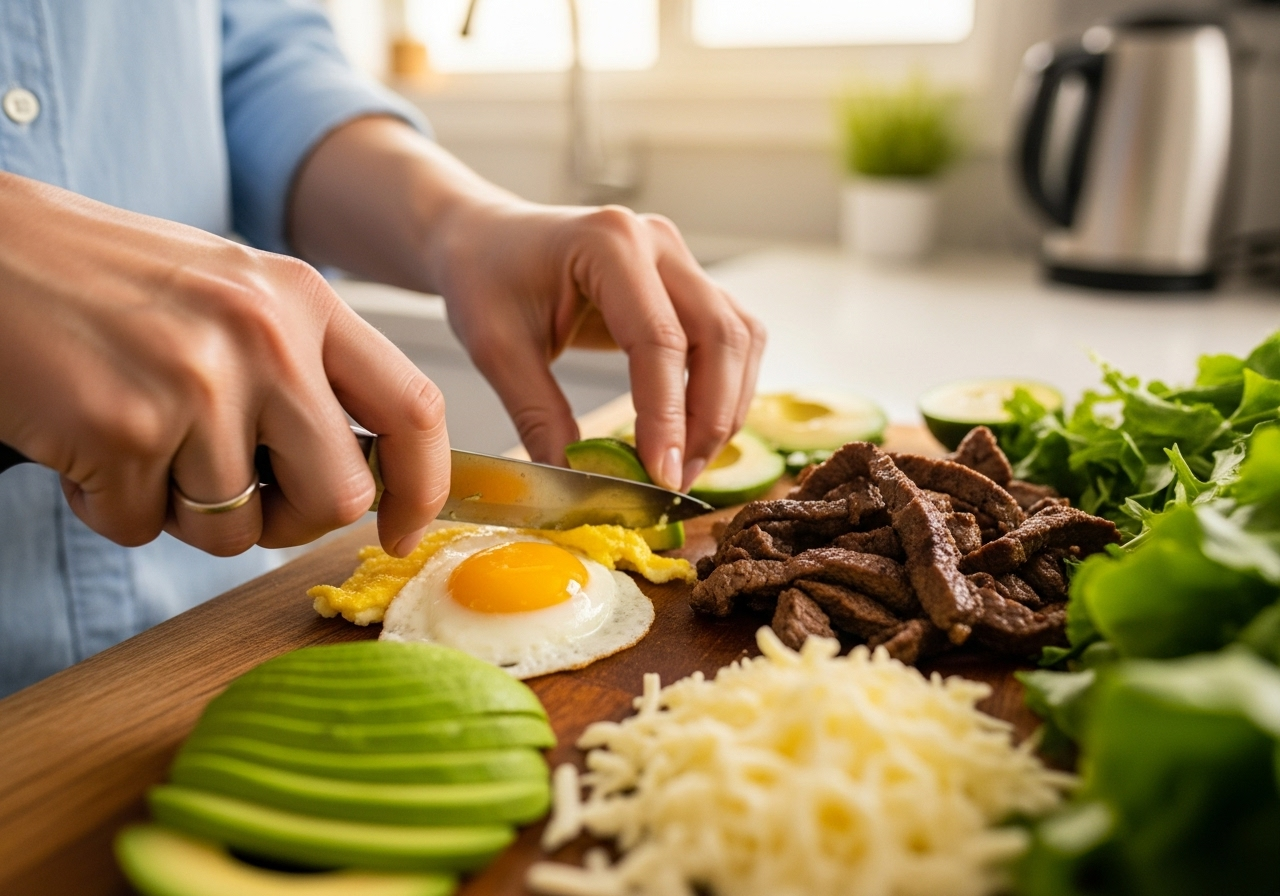 Manos preparando comida Keto mexicana