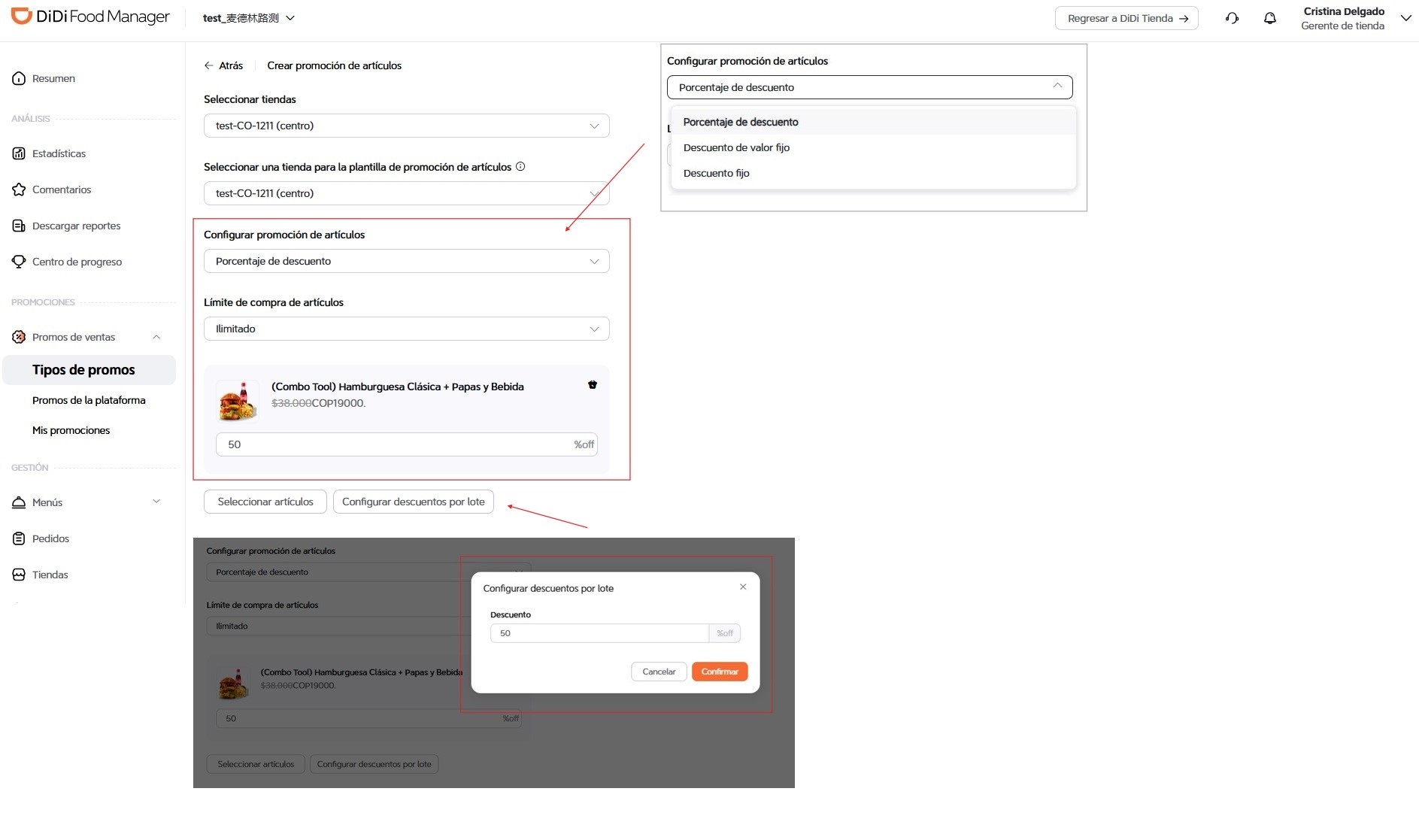 Configurar descuentos DiDi Food Manager