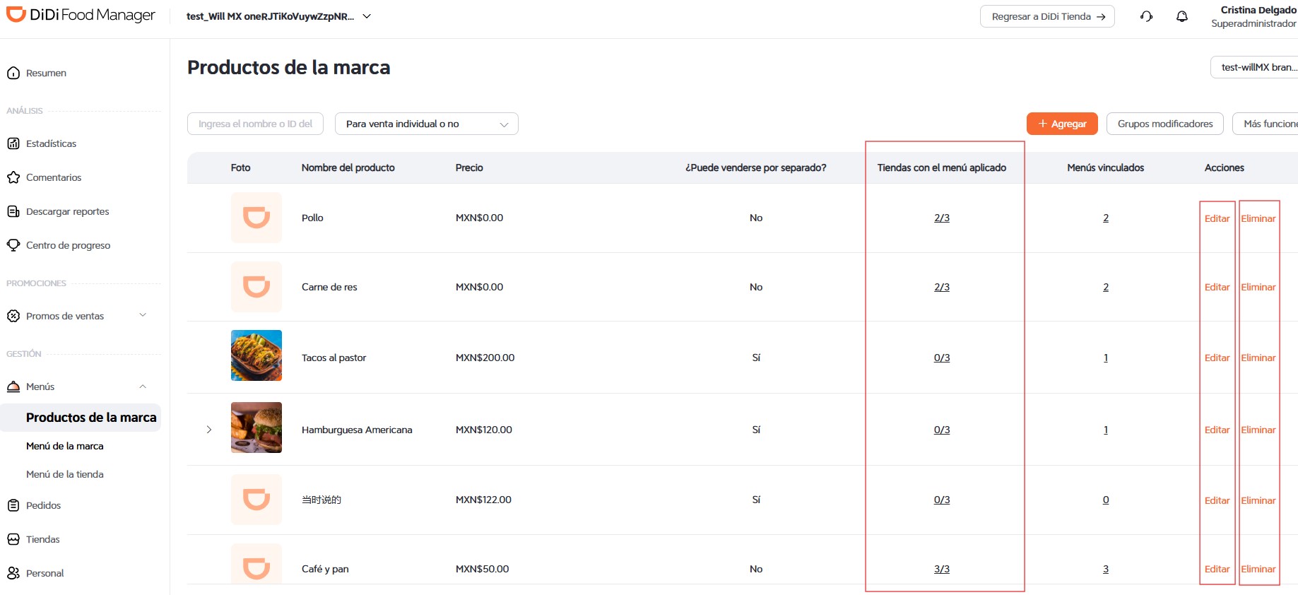 Platillos registrados DiDi Food Manager