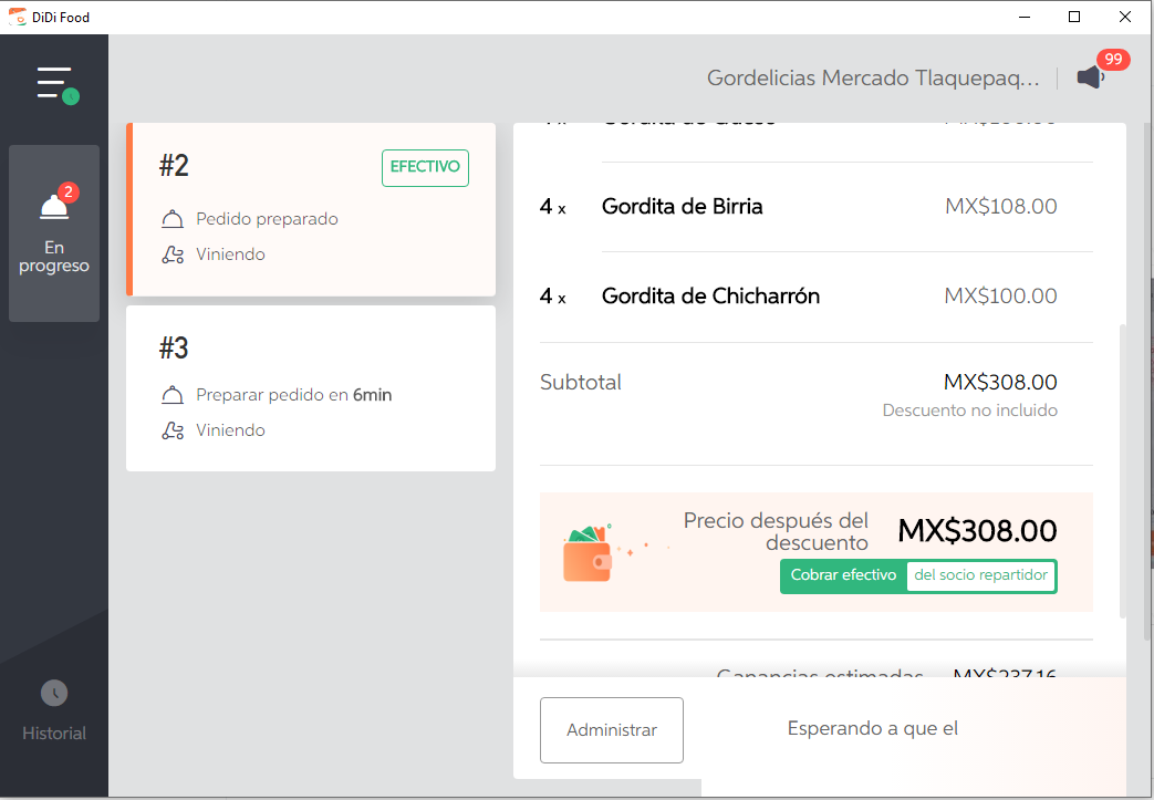 DiDi Tienda pedido en progreso, versión escritorio
