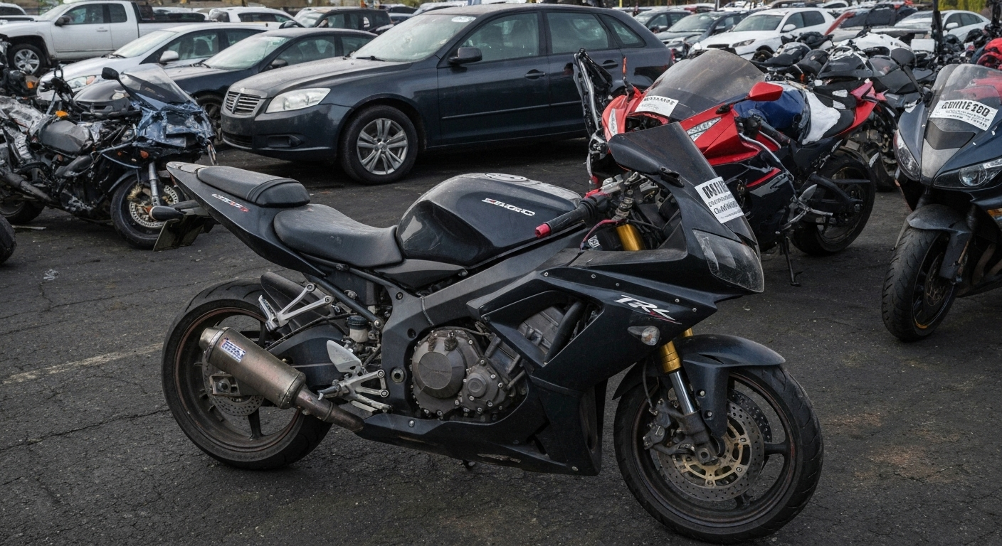 Una imagen con un tono serio, mostrando una moto retenida en un depósito vehicular. Sobre el asiento, una papeleta de infracción con la palabra "MULTA" claramente visible. El ambiente debe ser sombrío para enfatizar la consecuencia negativa. Estilo fotográfico con viñeteado oscuro.