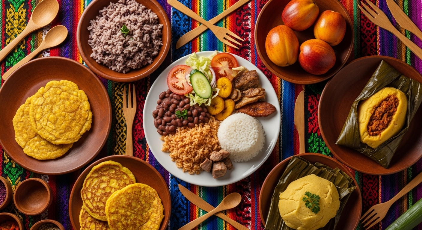 Collage visual con platos típicos ticos ricos en carbohidratos: gallo pinto, casado, chorreadas, tamal y pejibaye. Fondo con textiles coloridos costarricenses y utensilios de madera. Fotografía flat lay realista, tonos cálidos y abundancia natural.