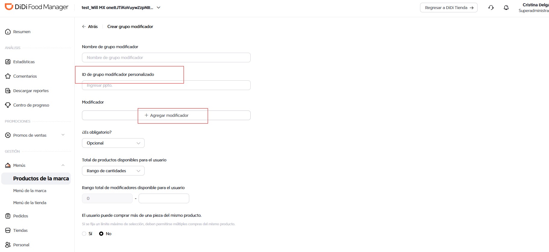 Crear grupo modificador DiDi Food Manager