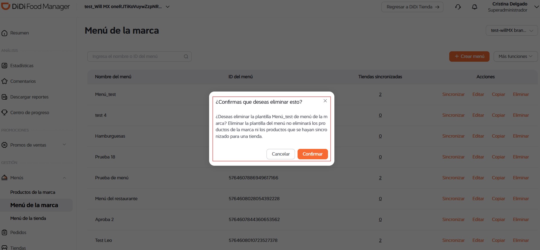 Confirmar eliminación DiDi Food Manager