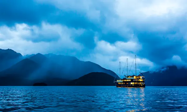 Overnight Cruise Ship in Doubtful Sound at Blue Hour, New Zealand