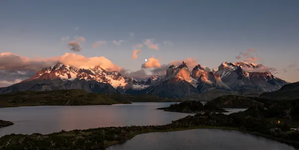 Torres del Paine at Sunrise with Moonset, Patagonia