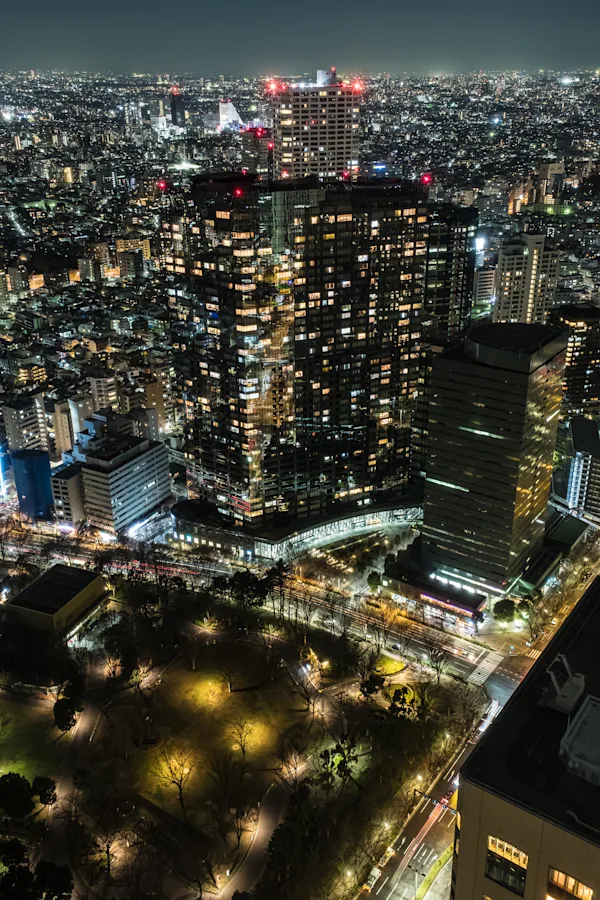 Shinjuku Central Park and Glass Tower at Night, Tokyo