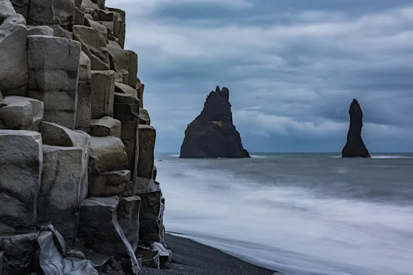 Reynisfjara Black Sand Beach with Basalt Columns and Sea Stacks, Iceland