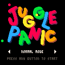 The title "Juggle Panic" written in goofy wobbly letters, which falls away to reveal two silhouettes against a rainbow background and the instructions "First to drop 5 balls loses".