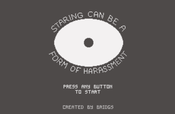 The text "Staring can be a form of harassment" encircles a massive eyeball.