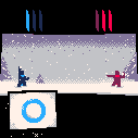A blue-scarfed figure dodges a snowball from a red-scarfed figure, then throws a snowball of their own.