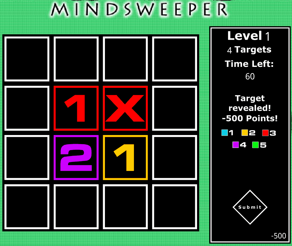 Gameplay from Mindsweeper. The gameplay is similar to Minesweeper but the tiles are more colorful.