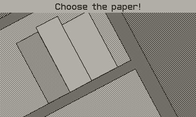 A marble travels through a 2D maze below the heading "Choose the paper!"