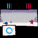 A figure in a red scarf throws a snowball at a figure in a blue scarf. The blue-scarfed figure falls over in defeat while the red-scarfed figure celebrates their victory.