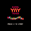 The text "Super Yay Train" appears above a wobbling train full of animal characters.
