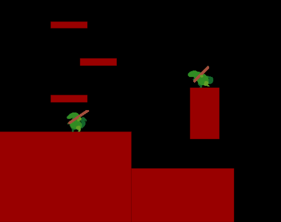 An alligator character jumps and dashes around the screen and finished by biting their mirror opponent.