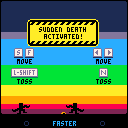 The text "Sudden death activated!" appears above a pair of silhouetted figures. One picks up and throws a ball, the other fails to catch, and they erupt in rainbow "Win" and "Lose" text.