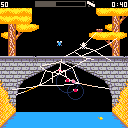 A pixelated spider spins a web beneath a bridge to capture bugs.