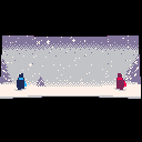 Two figures in a snowy field bow to one another, then bend down and begin packing snowballs.