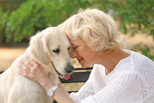 An older woman petting a dog