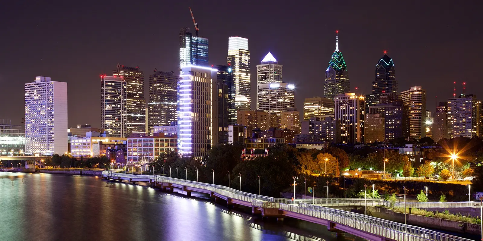 A city skyline at night