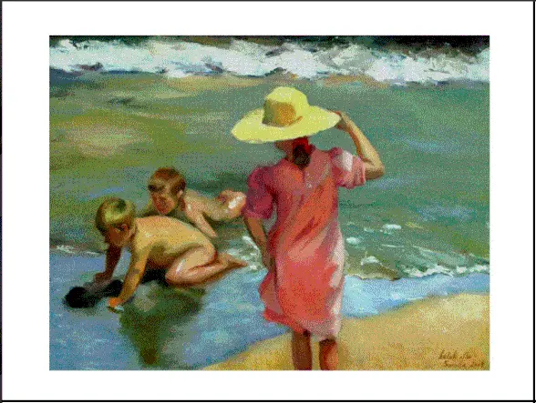A painting of a mother watching two boys play in the ocean