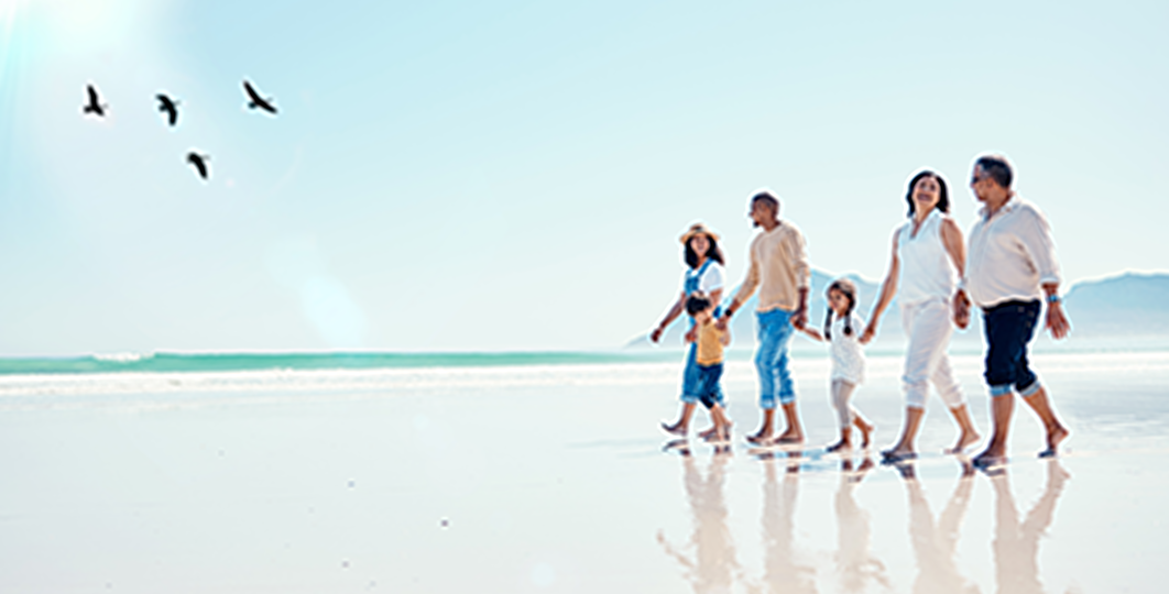 happy family at beach walking