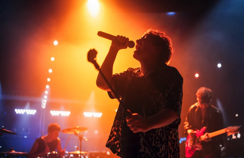 Vocalist performing live on stage with a band and concert lighting