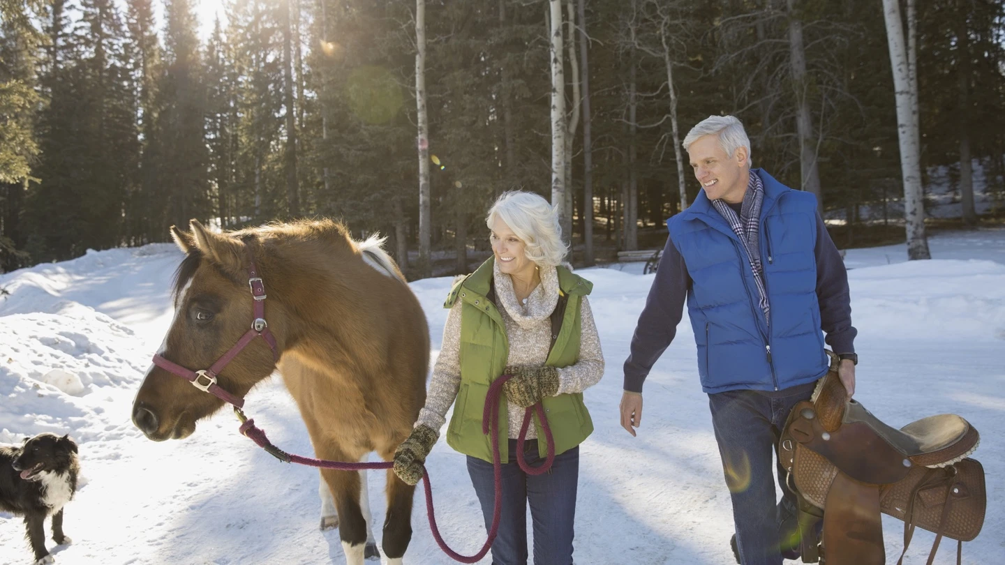 Man and woman with a horse in the snow