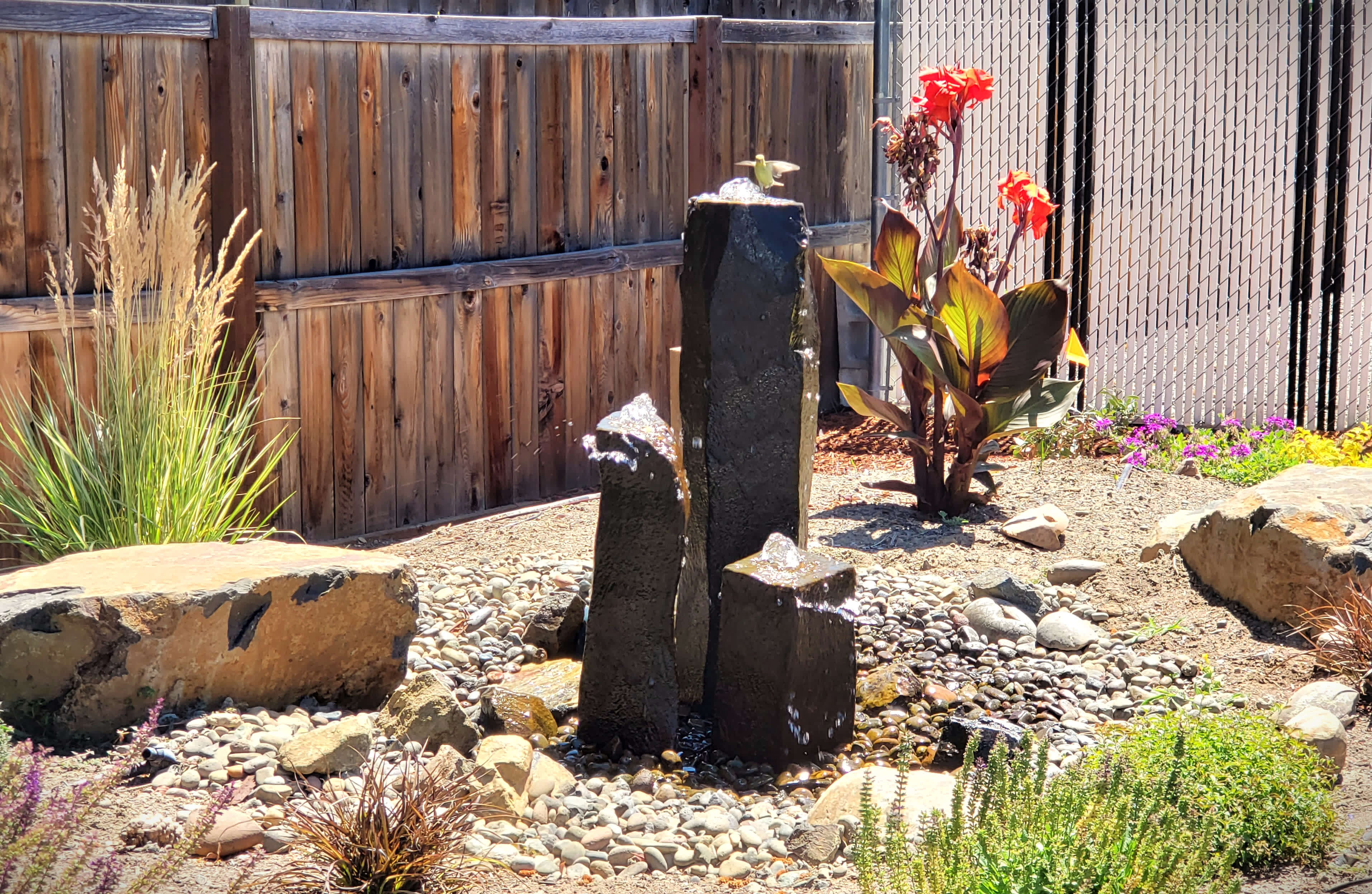 Water Feature Bird on Basalt Column Andreatta Waterscapes Medford Oregon