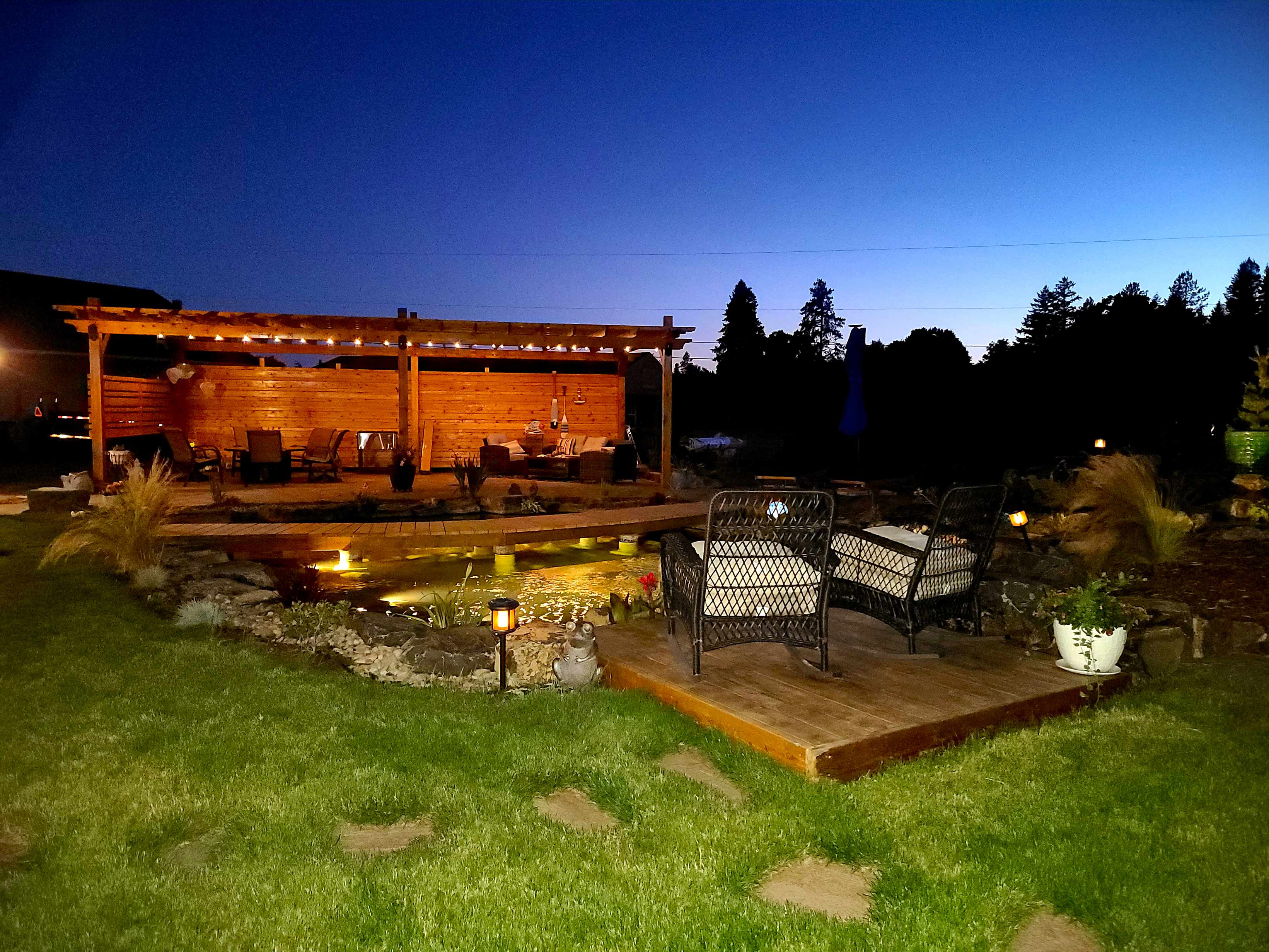 Outdoor-Living Pond-and-Gazebo-at-Night Andreatta-Waterscapes Southern-Oregon