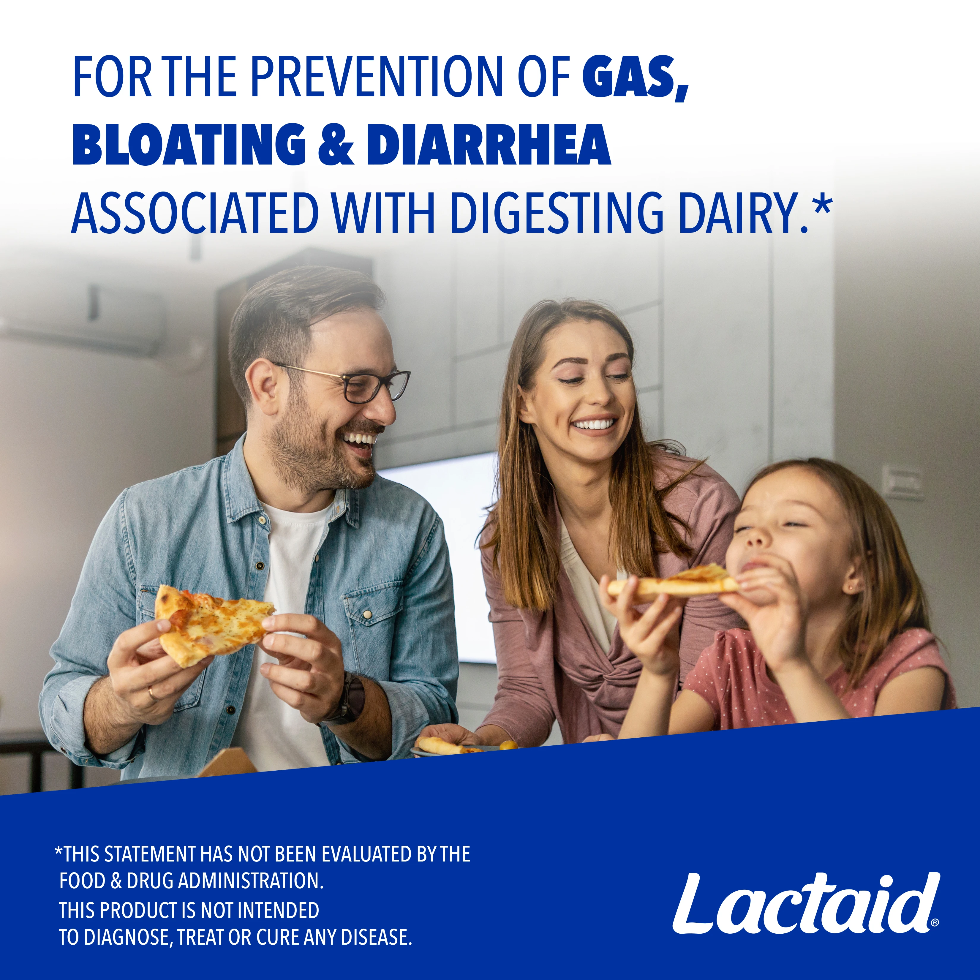 Family enjoying pizza together, highlighting Lactaid's role in preventing gas, bloating, and diarrhea associated with dairy