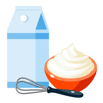 Milk package, bowl with sour cream and whisk illustration