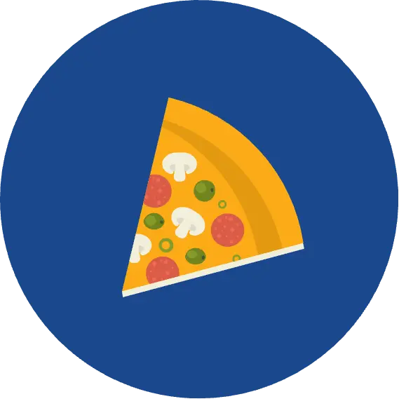 Illustration of a pizza slice with mushrooms and pepperoni on blue background.