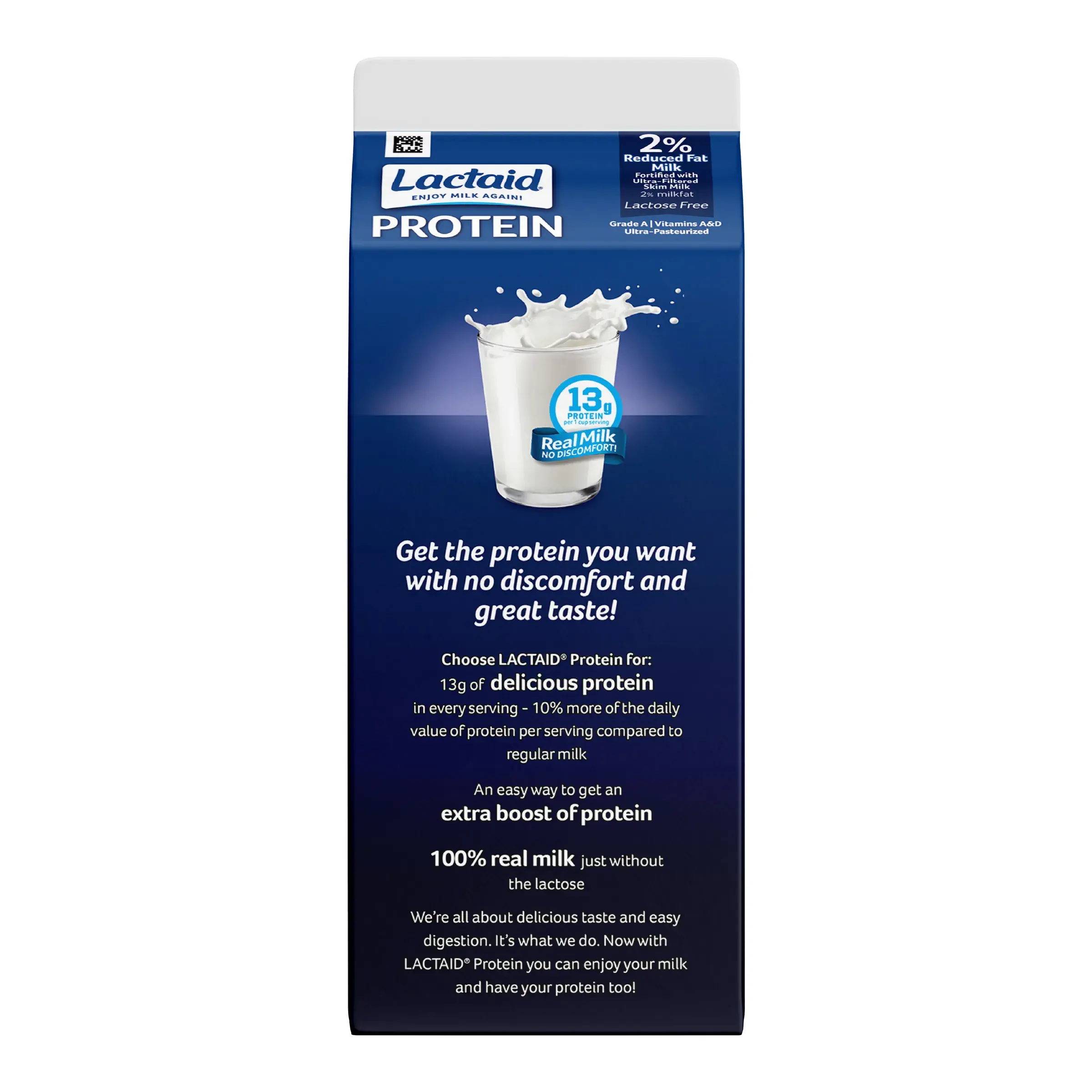 Side package of LACTAID® Protein Milk carton with a splash of milk, highlighting 13g protein per serving