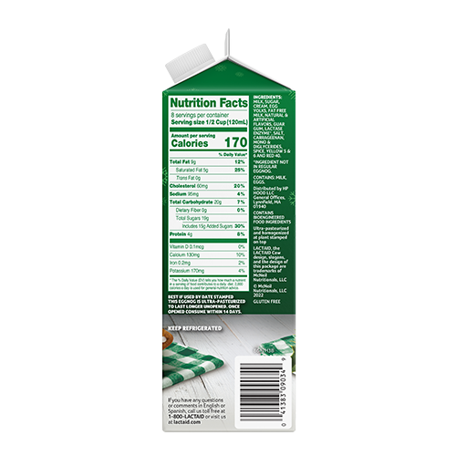 Lactaid Lactose-Free Eggnog Right Side of Packaging with Nutrition Facts